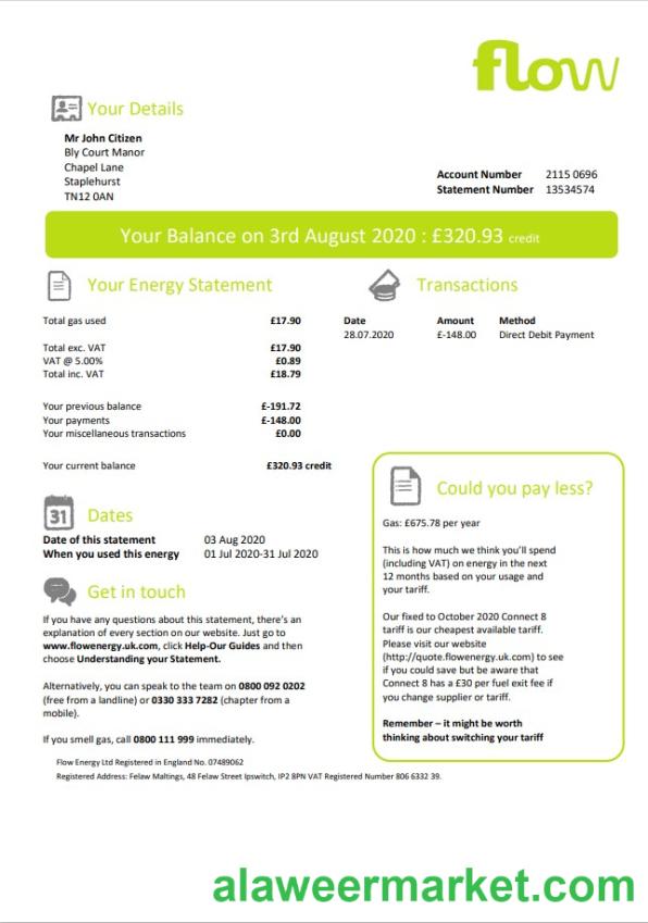United Kingdom Flow Energy utility bill template in Word and PDF format
